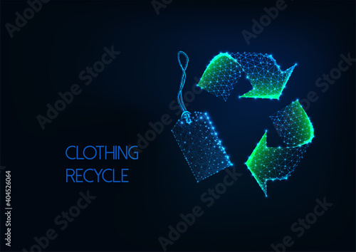 Futuristic low poly green recycle sign with retail price tag on dark blue background.