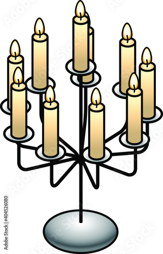 A table top candelabra with 10 lit candles.