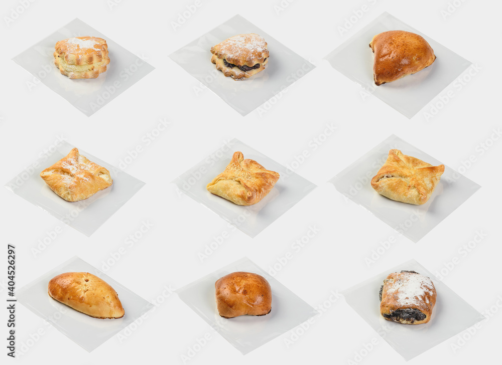 Collage of different pastries and bakery items on a light background Collage of different pastries and bakery items on a light background