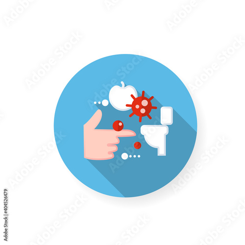 Fecal-oral spread flat icon. Disease spreading concept. Covid19, foodborne bacterial infection, rotavirus transmission. Contagious toilet. Food hygiene. Color vector illustration with shadow