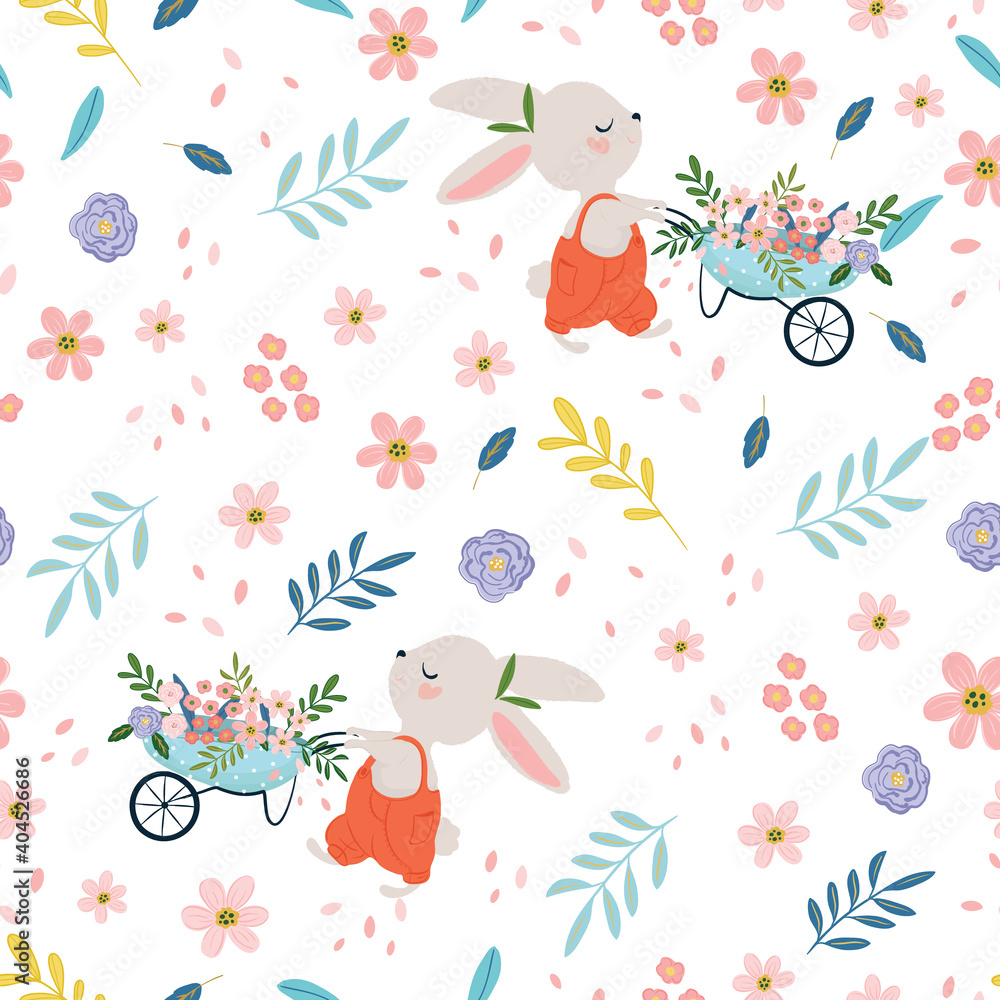 Little gardener with spring flowers seamless pattern design, kids fashion artworks, wallpapers, prints.