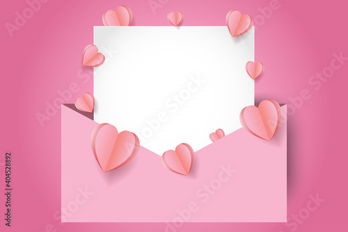 Valentine's day letter card mockup decorated with red heart-shaped paper cut, illustration for valentine's day or love day, vector envelope.