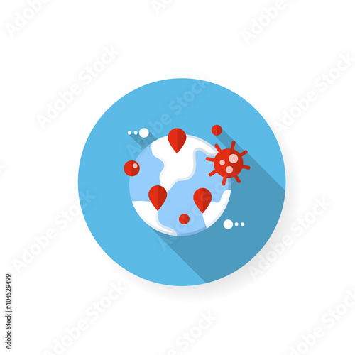 Pandemic map flat icon. Disease spreading concept. Covid19 outbreak, global infection transfer. Infection carriers around world, Virus spread location. Color vector illustration with shadow photo