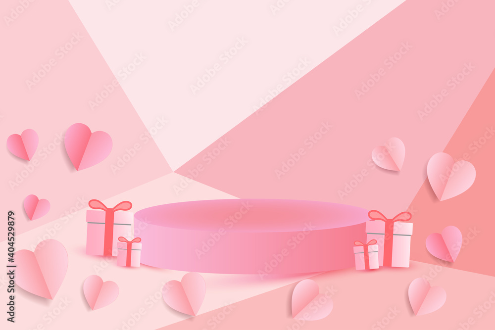 Valentine's day concept background. Vector illustration. sweet red and pink paper cut hearts with Round pedestal. Cute love sale banner or greeting card