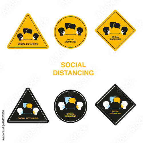Signs of different geometric forms of social distancing. Human head in a medical mask