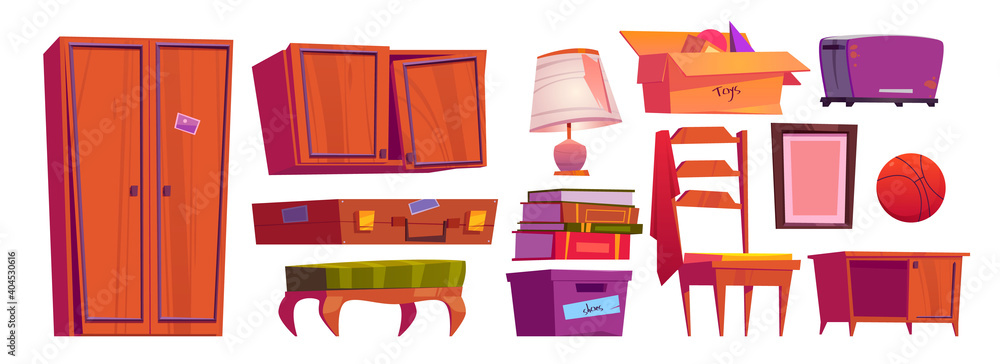 Old furniture, archive items on house attic or in storage room. Vector  cartoon set of vintage chair, wooden wardrobe, books, cardboard boxes,  broken lamp and toaster isolated on white background vector de