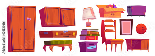 Old furniture, archive items on house attic or in storage room. Vector cartoon set of vintage chair, wooden wardrobe, books, cardboard boxes, broken lamp and toaster isolated on white background