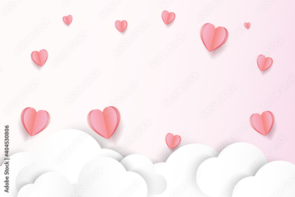 Heart and cloud paper cut style background, cute pink valentines day card with copy space, vector illustration.