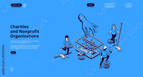 Charities and nonprofit organization isometric landing page. People put money into donation box. Volunteering donate, social help and foundation aid, philanthropy concept 3d vector line art web banner photo