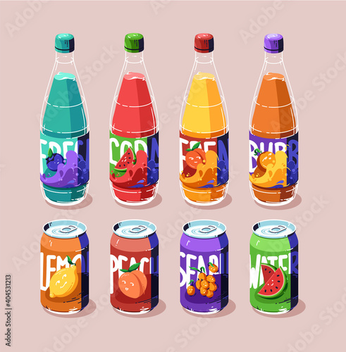 Soda cans and bottles set, cold fruit drinks of various flavors lemon, peach, watermelon, blueberry and sea buckthorn. Closed metal or glass flasks of sweet fizzy fresh beverages, Cartoon illustration