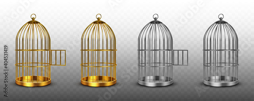 Tablou canvas Bird cages, vintage empty birdcages of golden and silver colors, metal jails with open and closed doors isolated on transparent background