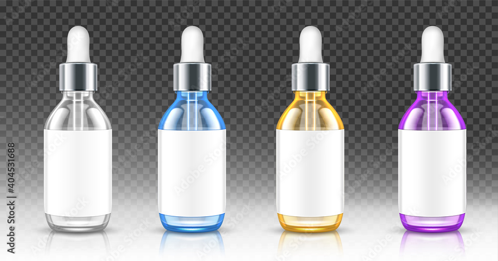 Realistic glass bottles with dropper for serum or oil. Cosmetic flasks or vials for organic aroma essence, anti-aging essential collagen for beauty care, isolated transparent flacons, 3d vector mockup Realistic glass bottles with dropper for serum or oil. Cosmetic flasks or vials for organic aroma essence, anti-aging essential collagen for beauty care, isolated transparent flacons, 3d vector mockup