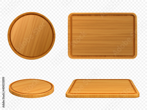 Wooden pizza and cutting boards top or front view. Trays of round and rectangular shapes, natural, eco-friendly kitchen utensils made of wood isolated on white background, realistic 3d vector set photo