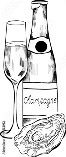 Champagne, prosecco, wine glass, oyster food vector isolated hand drawn illustration. Concept for logo, cards, print, menu