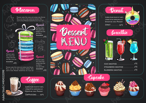 Chalk drawing dessert menu design with sweet french macaroons