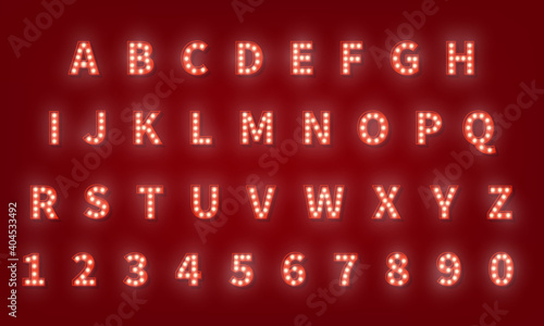 Broadway retro typography font. 3d light bulb alphabet © Stock Vector One