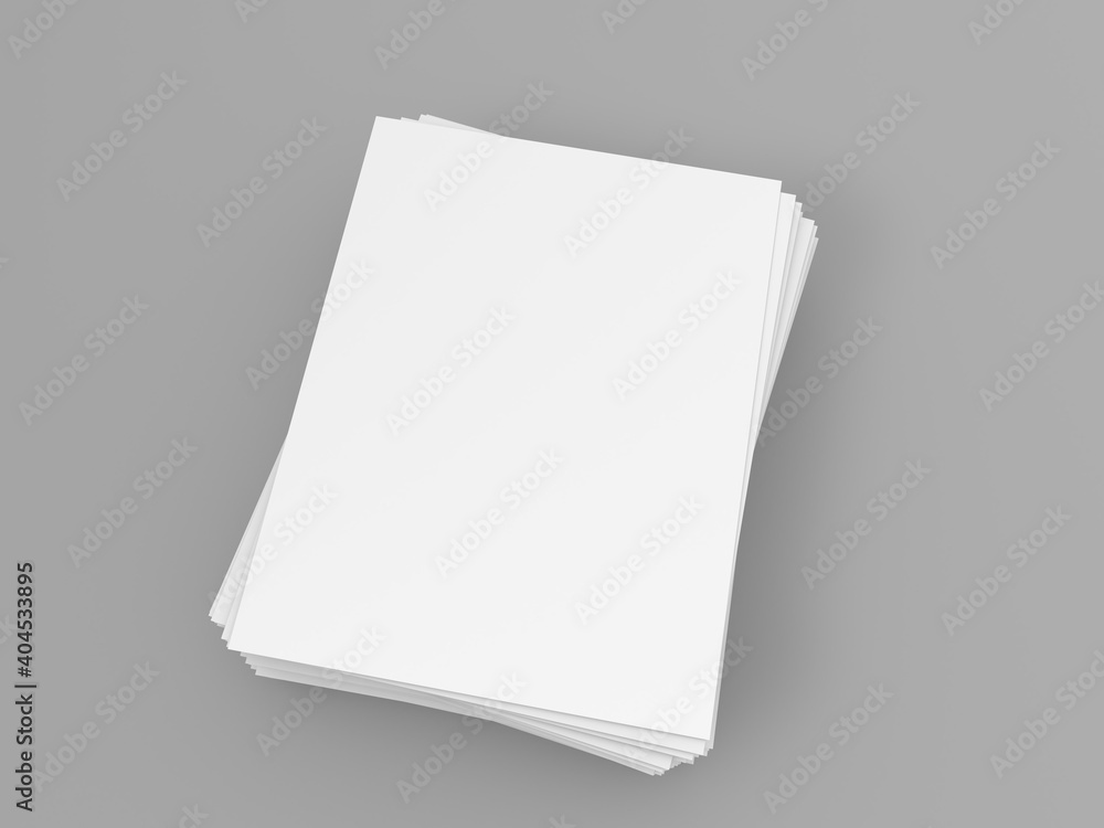 A stack of A4 papers on a gray background. 3d render illustration. - obrazy, fototapety, plakaty 