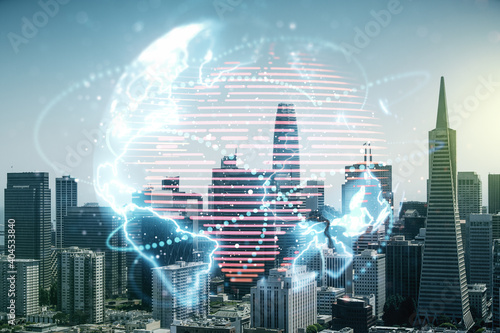 Double exposure of abstract digital world map hologram with connections on San Francisco office buildings background, big data and blockchain concept