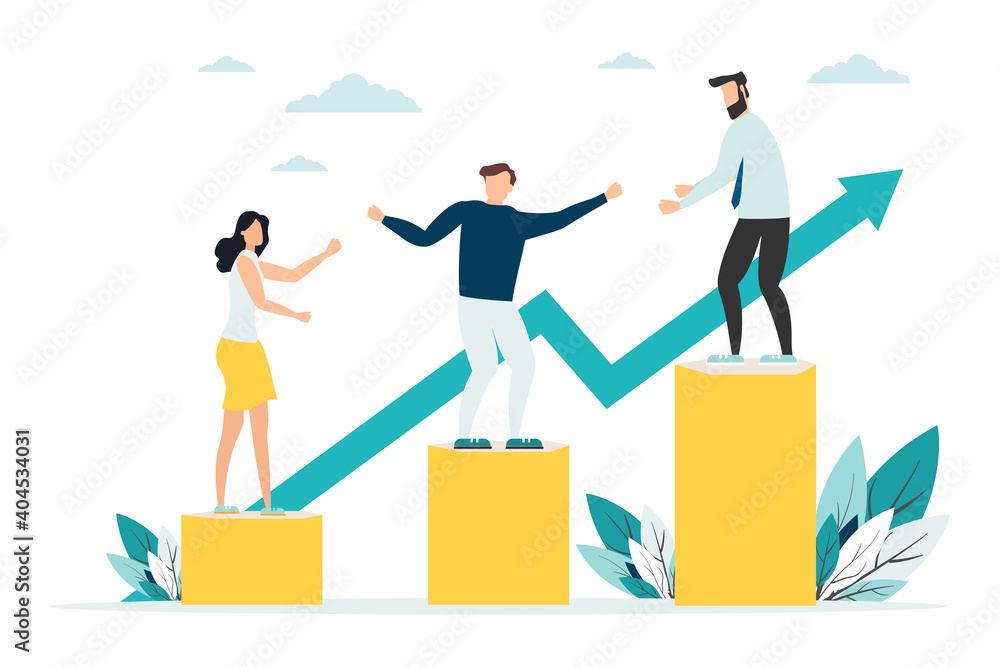 Employees giving hands and helping colleagues to walk upstairs. Team giving support, growing together. Vector illustration for teamwork, mentorship, cooperation concept. Employees giving hands and helping colleagues to walk upstairs. Team giving support, growing together. Vector illustration for teamwork, mentorship, cooperation concept.