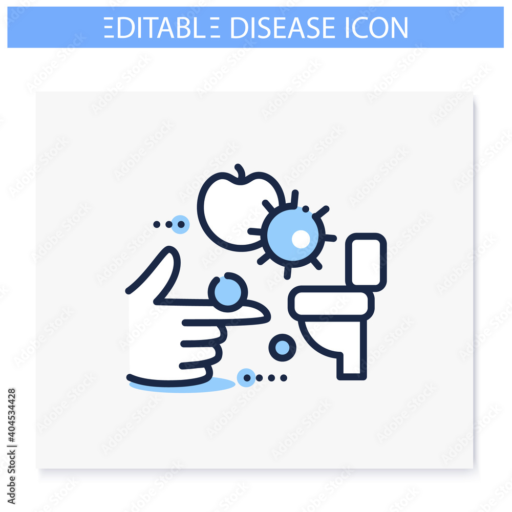Fecal-oral spread line icon. Disease spreading concept. Covid19, foodborne bacterial infection, rotavirus transmission. Contagious toilet. Food hygiene. Isolated vector illustration. Editable stroke Fecal-oral spread line icon. Disease spreading concept. Covid19, foodborne bacterial infection, rotavirus transmission. Contagious toilet. Food hygiene. Isolated vector illustration. Editable stroke