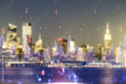 Multi exposure of creative statistics data hologram on blurry cityscape background, stats and analytics concept