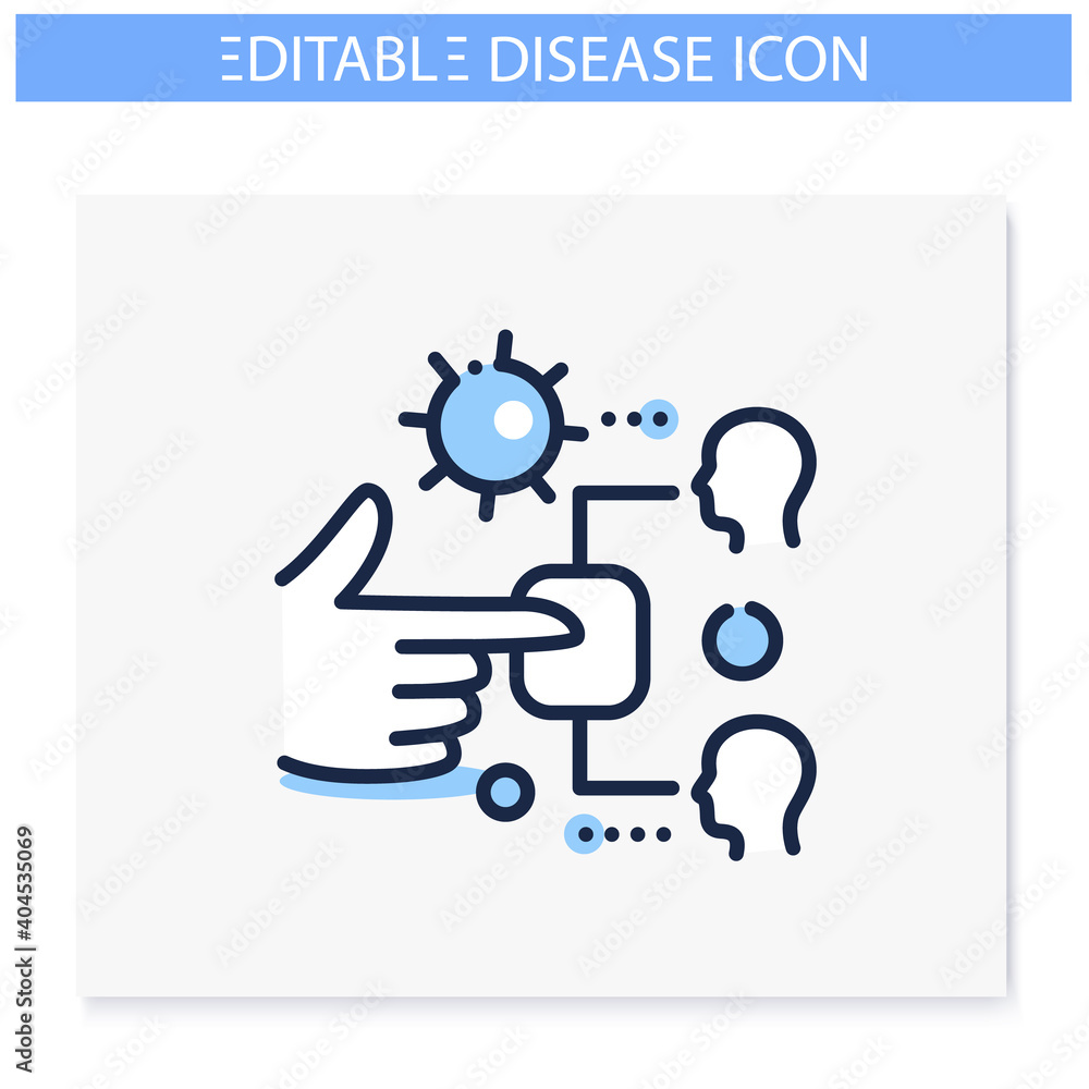 Infection through surface line icon. Disease spreading concept. Covid19, virus disease, influenza transmission. Infection spread, contagious public place. Isolated vector illustration.Editable stroke Infection through surface line icon. Disease spreading concept. Covid19, virus disease, influenza transmission. Infection spread, contagious public place. Isolated vector illustration.Editable stroke