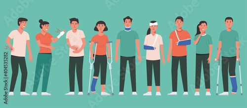 Human body pain and physical injury concept of young man and woman character with fracture or broken arm wearing a sling, leg brace, and neck collar with gypsum and crutch, cartoon vector illustration