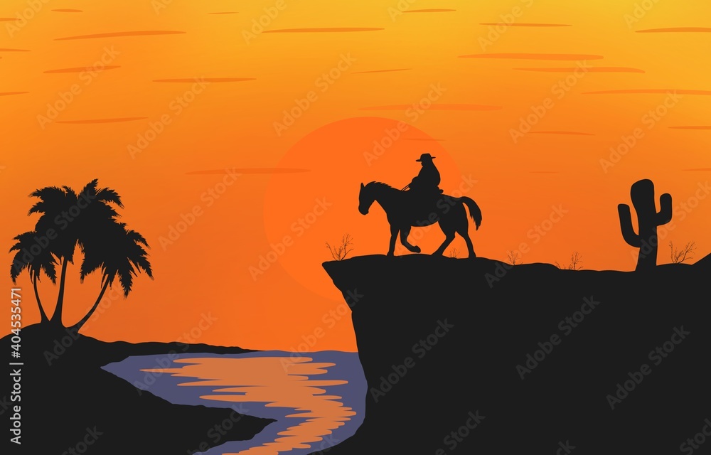 a cowboy on a horse in the sunset