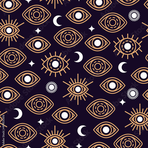 Seamless Pattern with Eye, Moon and Sun. Vector illustration. Golden Alchemy Symbols, Occult and Mystic Signs on Black Night Background with Stars.