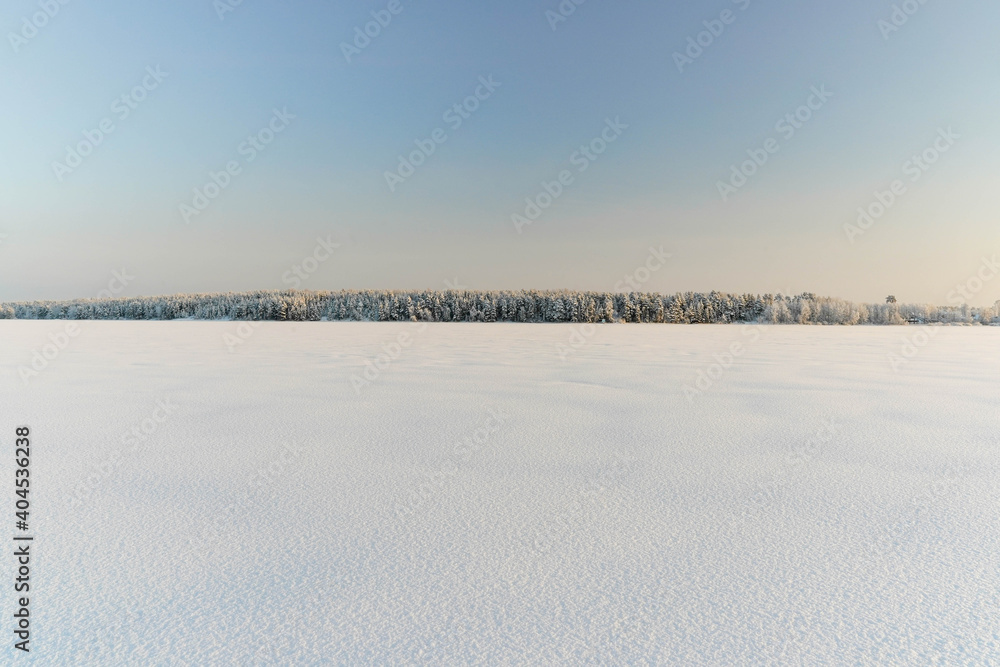 
lake covered with snow in winter and forest in the distance. Sunny winter day.