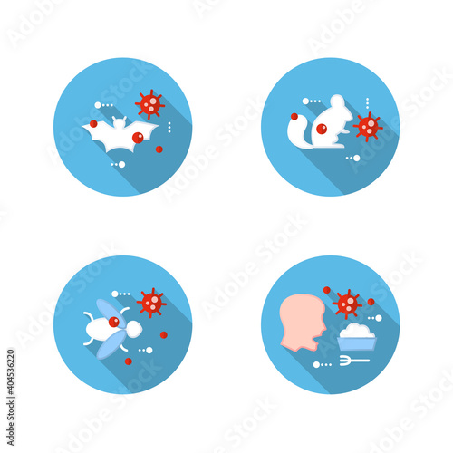  Disease spread concept flat icons set. Covid19, virus disease mutation and transmission. Virus carrier animal, insect or food. Infection spreading. Color vector illustrations with shadow