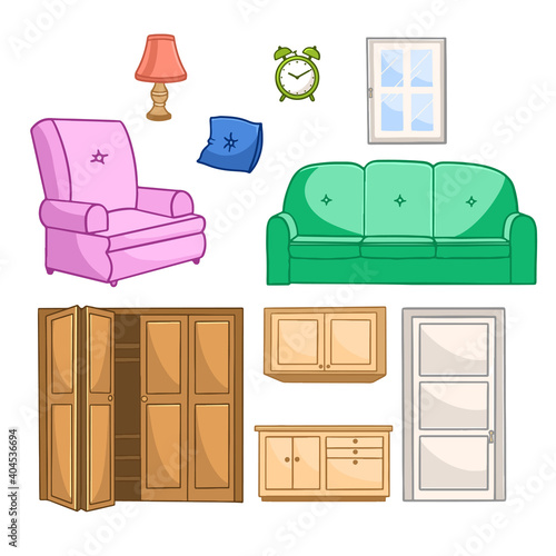 Furniture vector illustration set. Cartoon flat furnishings design. 