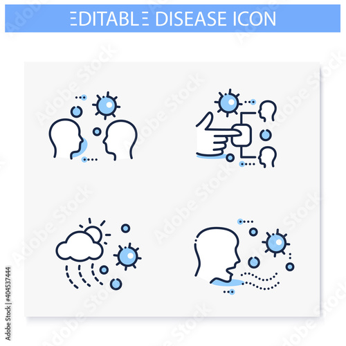 Disease spread line icons set. Airborne spreading concept. Covid19, influenza or flu transmission. Infection carrier, contagious person, surface. Isolated vector illustrations. Editable stroke 