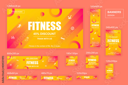 Collection web banners different sizes for mobile and social networks, poster, shopping ads, marketing material. Bundle banners for product promotion, fitness club, GYM, energetic fit training.
