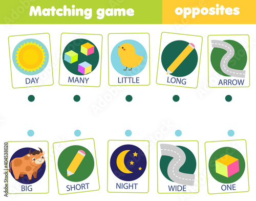 Matching game. Educational children activity. match opposites. Activity for pre scholl years kids and toddlers