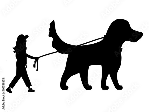 Silhouette dog handler walks with pet. Concept of dog service, volunteering, sitter, walker, pet care, dog shelter. Design for poster, banner, flyer, web, mockup, business, company,  identify, sign.