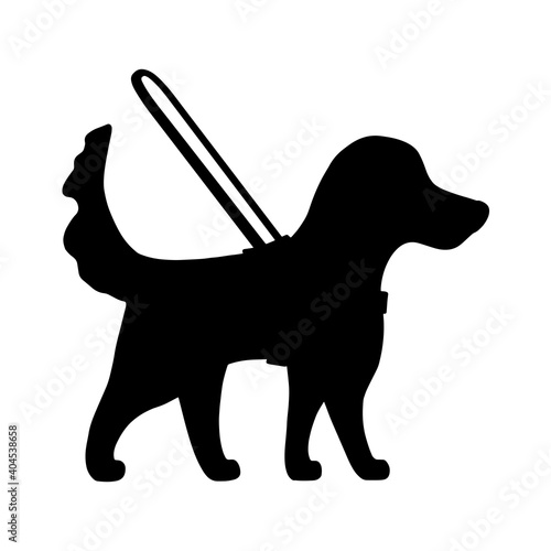 Silhouette guide dog leads with harness and long handle. Golden Retriever isolated on white background. Design for poster, banner, flyer, web, mockup, business, company,  sign.