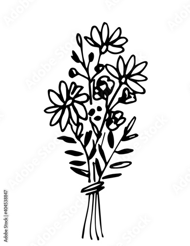 Hand drawn simple floral vector pattern in black outline. Cute beautiful spring-summer bouquet with chamomile. For festive seasonal decoration of cards  invitations  March 8  mother s day  birthday.