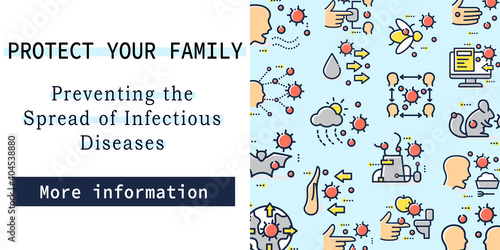 Disease spread concept web banner. Protect your family. Preventing the spread of infectious diseases landing, web page layout template. Virus outbreak ways linear vector illustrations collection