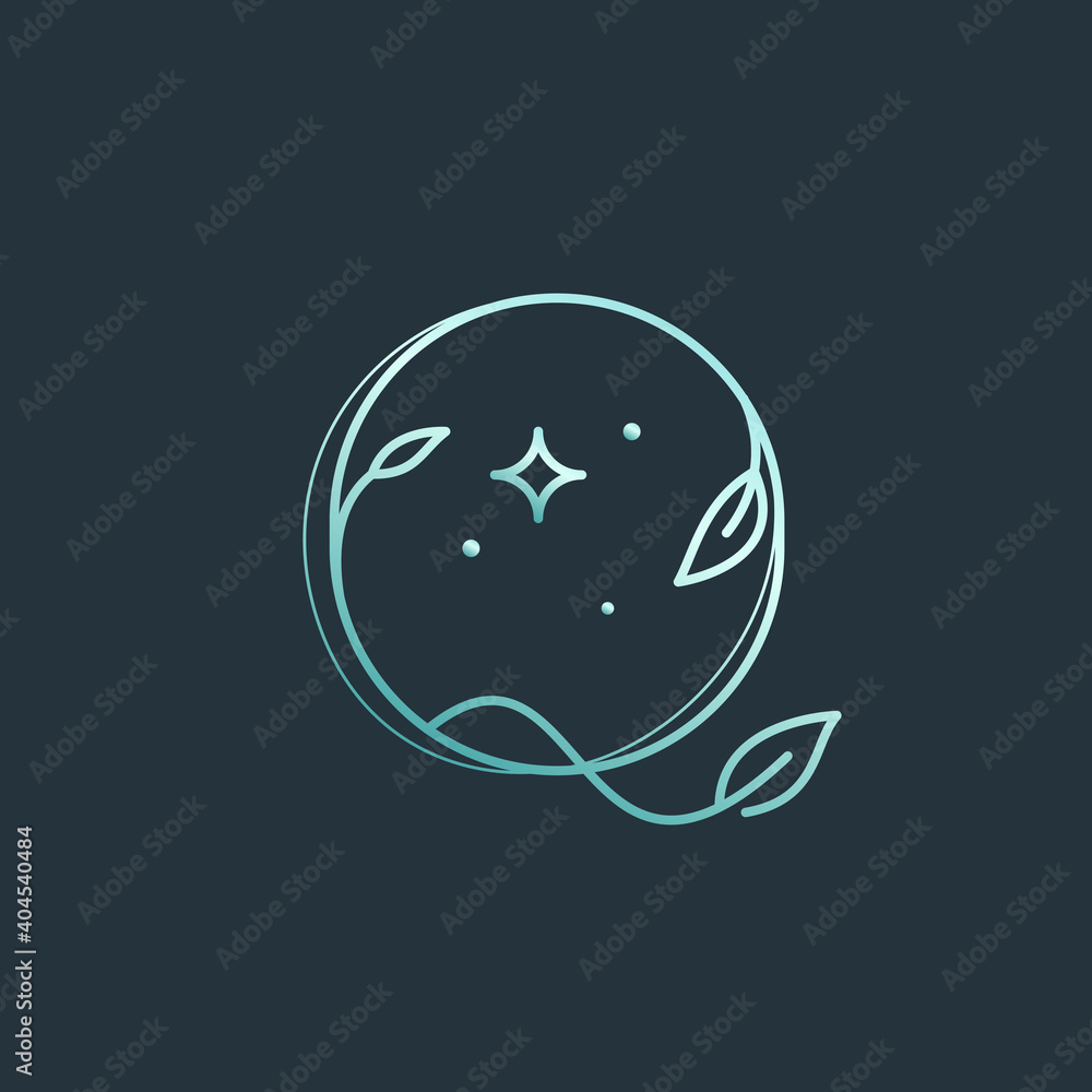 Obraz premium Q letter logo with graceful with moon, stars and leaves decoration.