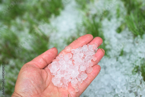 A human hand full of hailstones