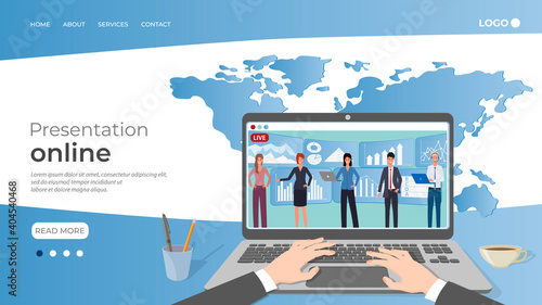 Young businessmen make an online presentation to their boss.Remote work, freelance, online training using a laptop.Concept of development of modern technologies.The template of the landing page.