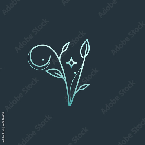 V letter logo with graceful with moon, stars and leaves decoration.