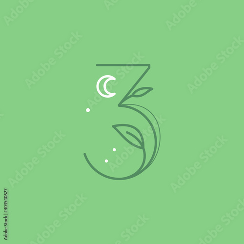 Number three logo with graceful with moon, stars and leaves decoration. photo