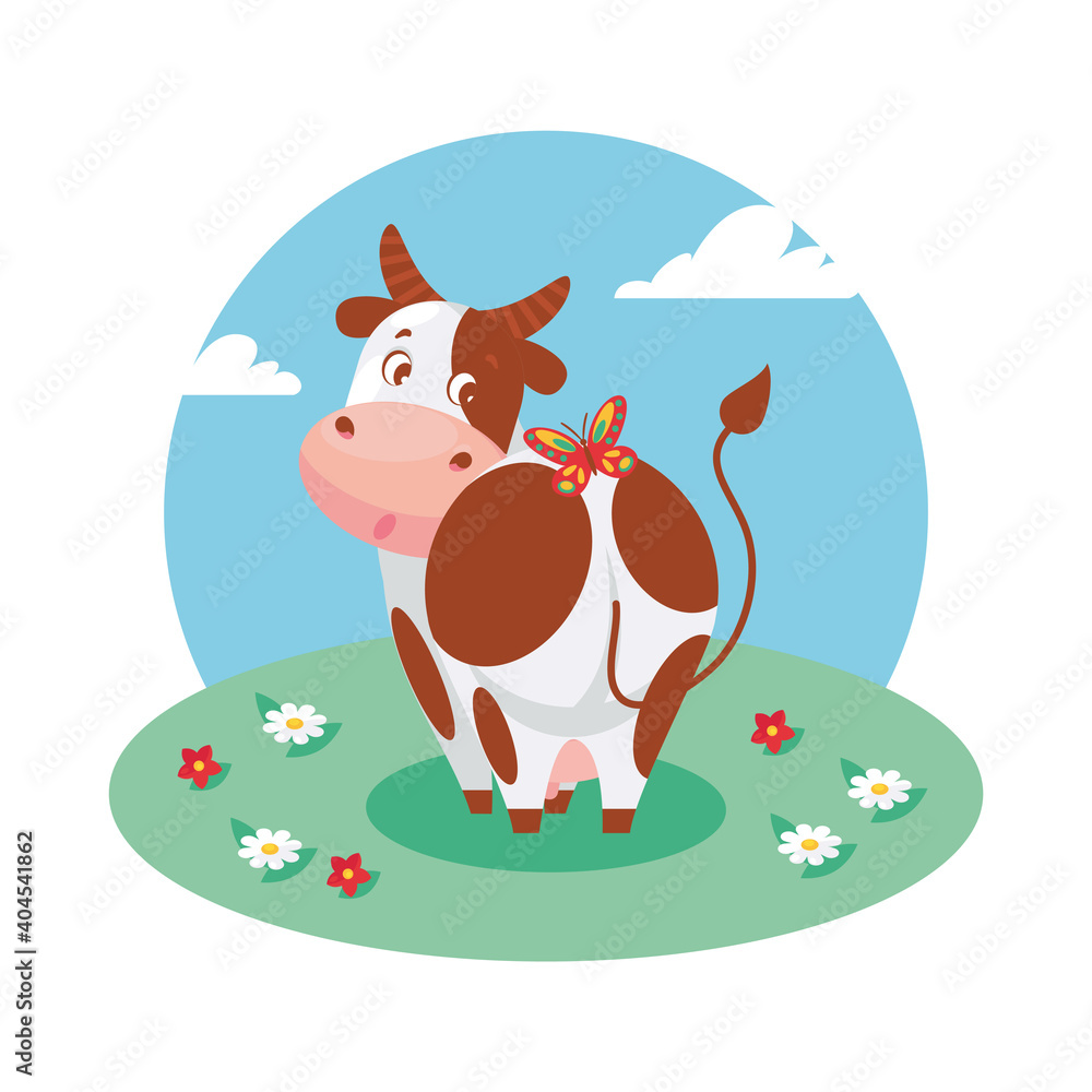 A cute funny cow stands backwards on the grass, looks around and sees a butterfly. Vector illustration isolated on white, cartoon character, postcard, poster, packaging design.