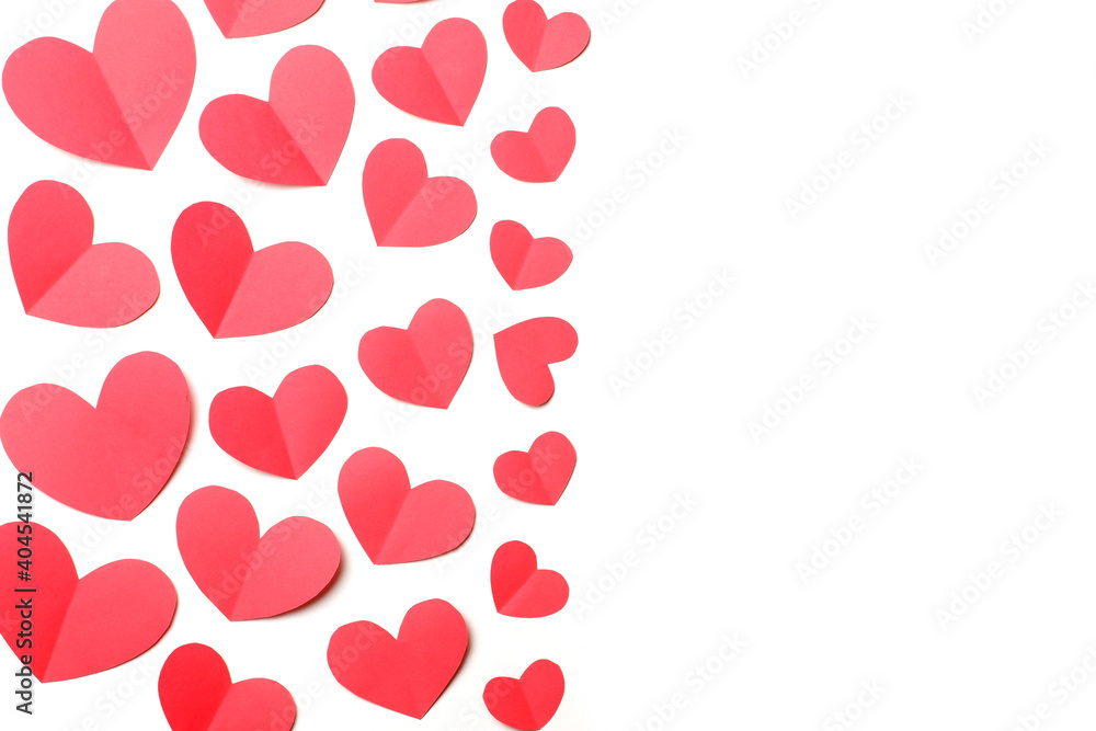 Composition from several red paper hearts on white background isolated. Love, Valentine's, mother's, women's day, relations, wedding, romantic banner, flyer, poster template copy space
