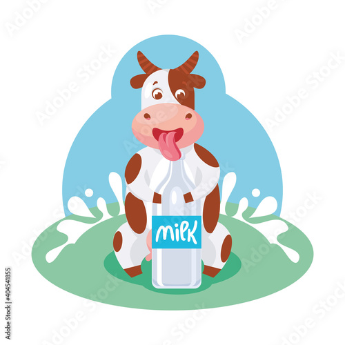 A funny cow sits on the grass, holds a bottle of milk and licks its lips. Vector illustration, cartoon character, postcard, poster, packaging design.