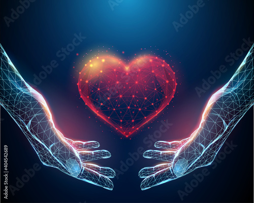 Low poly abstract nands holding red heart.