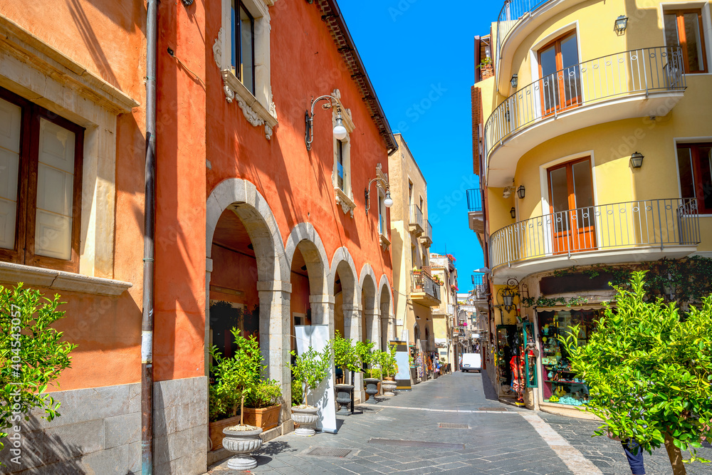 Cityscape with main street Corso Umberto . Taormina, Sicily, Italy