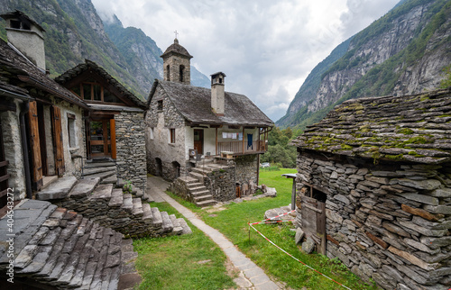 Stone buildings in hamlet of Foroglia in Maggia Valley of Ticino, Switzerland photo